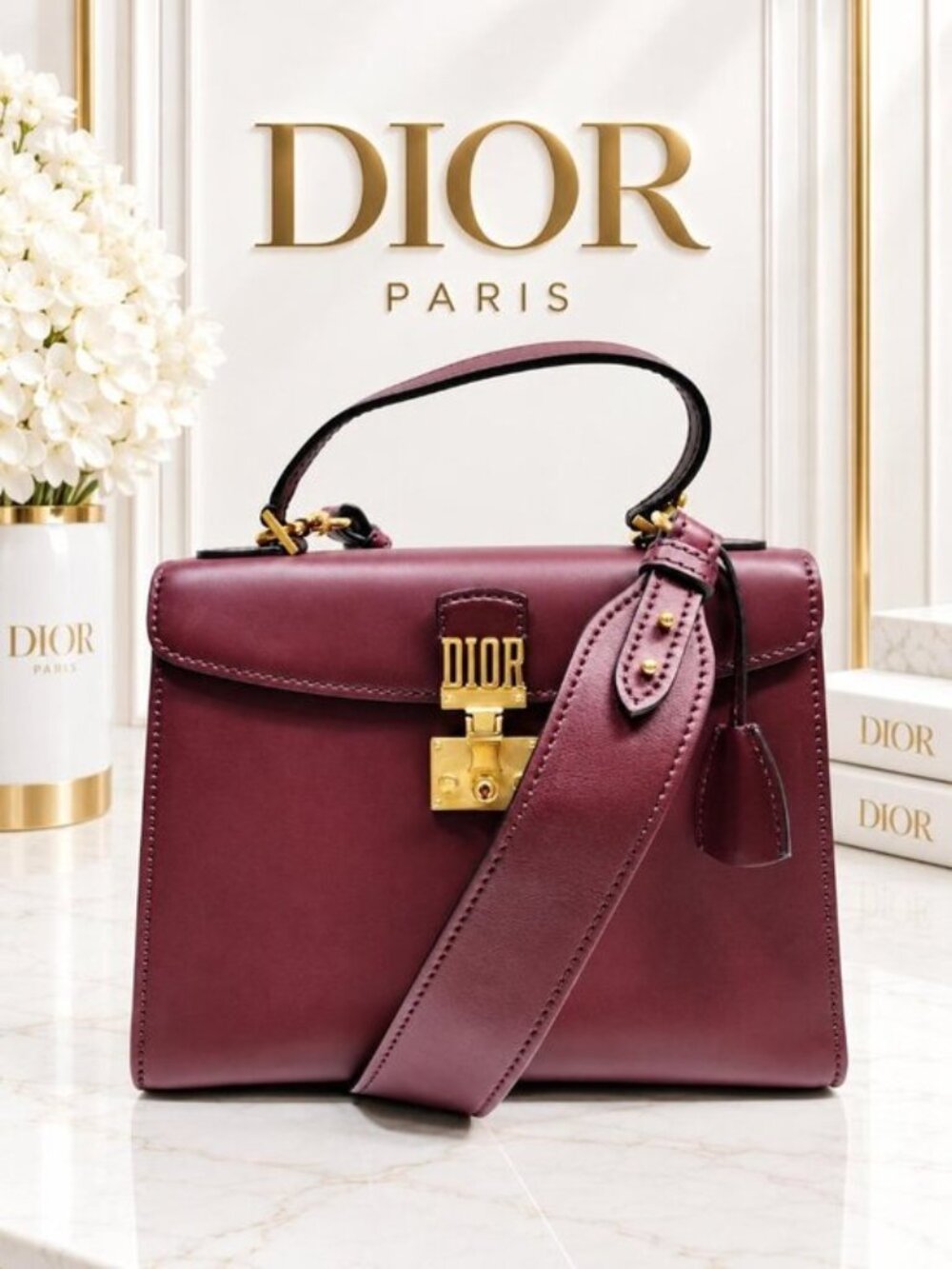 Authentic Christian Dior Dioraddict Burgundy Leather Top Handle Shoulder Bag
